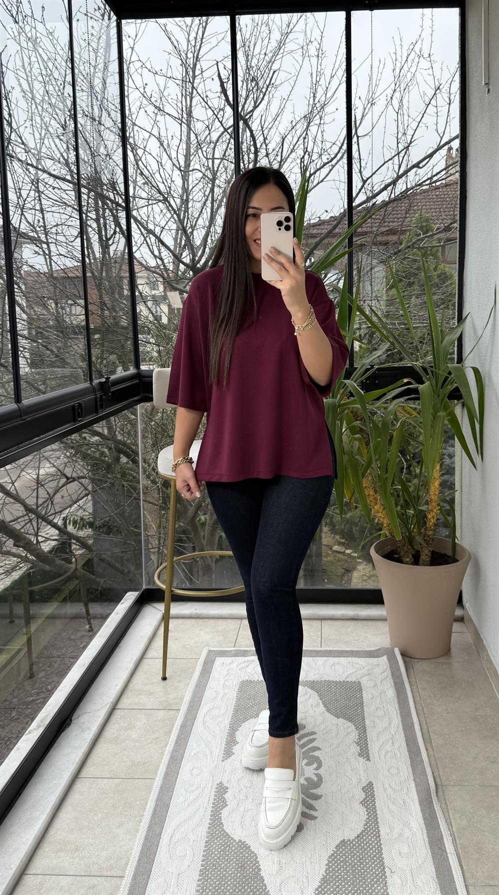 Oversize Yanları Yırtmaçlı Modal Tişört Bordo