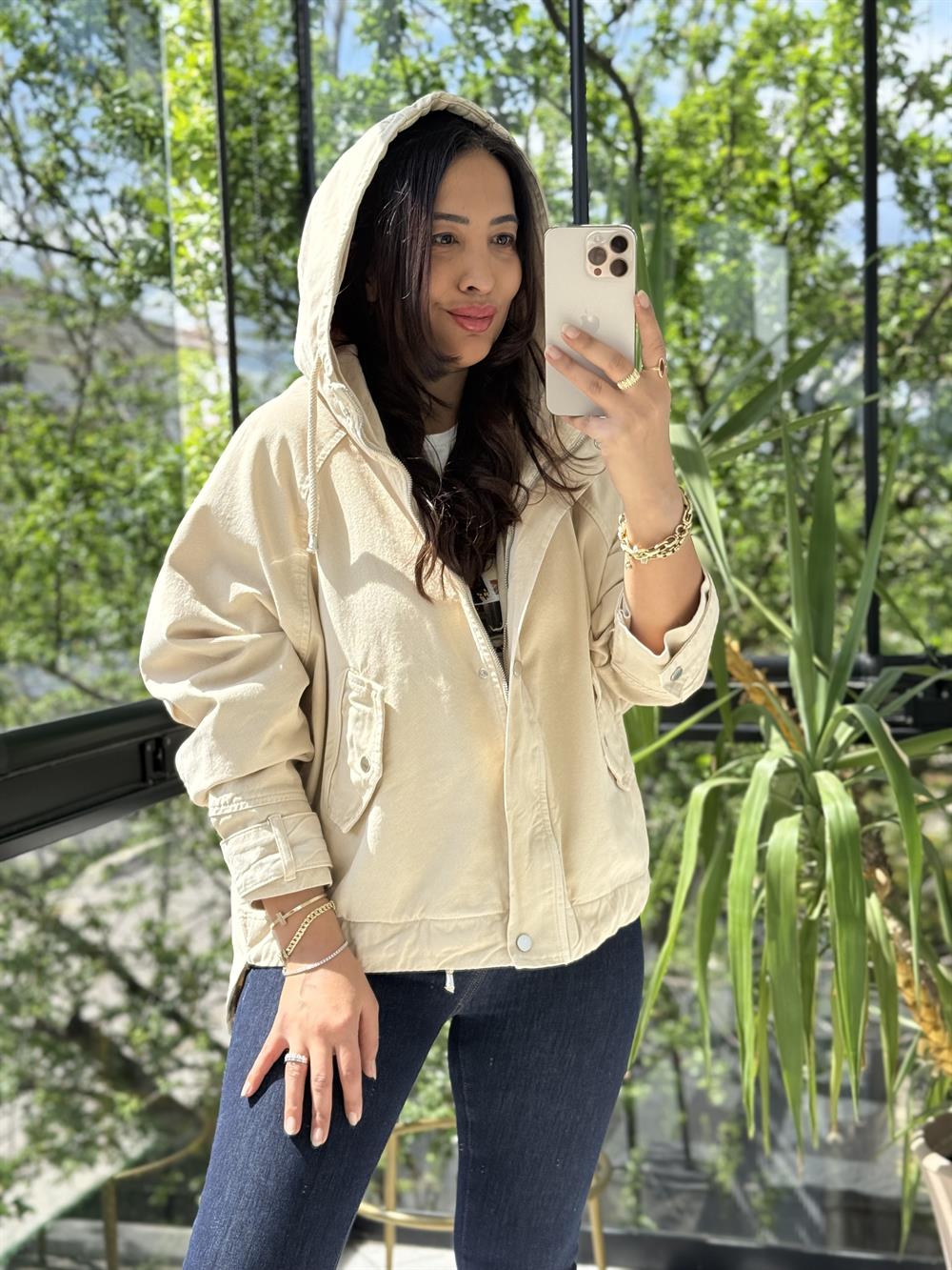 Oversize Kapuşonlu Ceket Taş