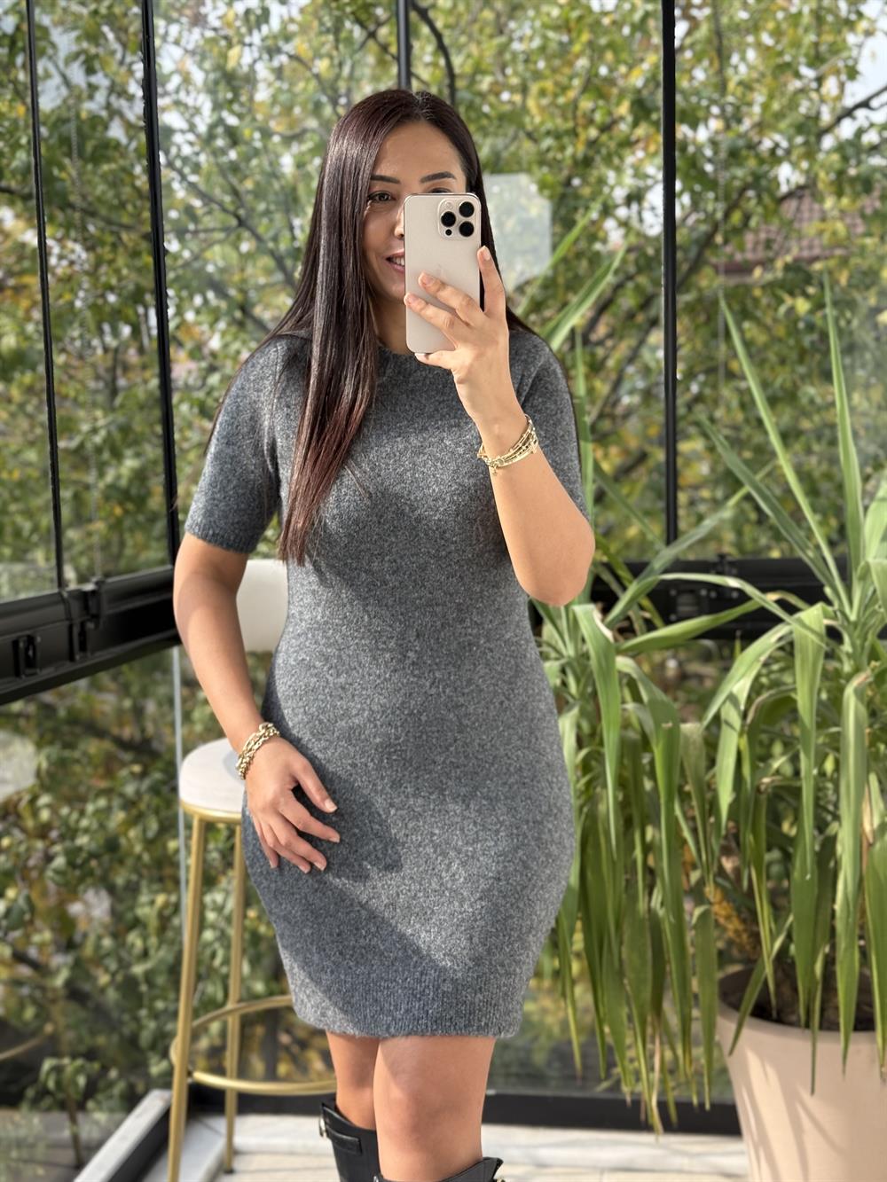 Dilvin Yumuşak Dokulu Kısa Kol Triko Elbise Antrasit