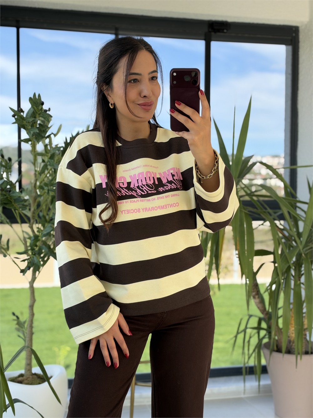 Kalın Çizgili New York Ctiy Sweatshirt Sarı
