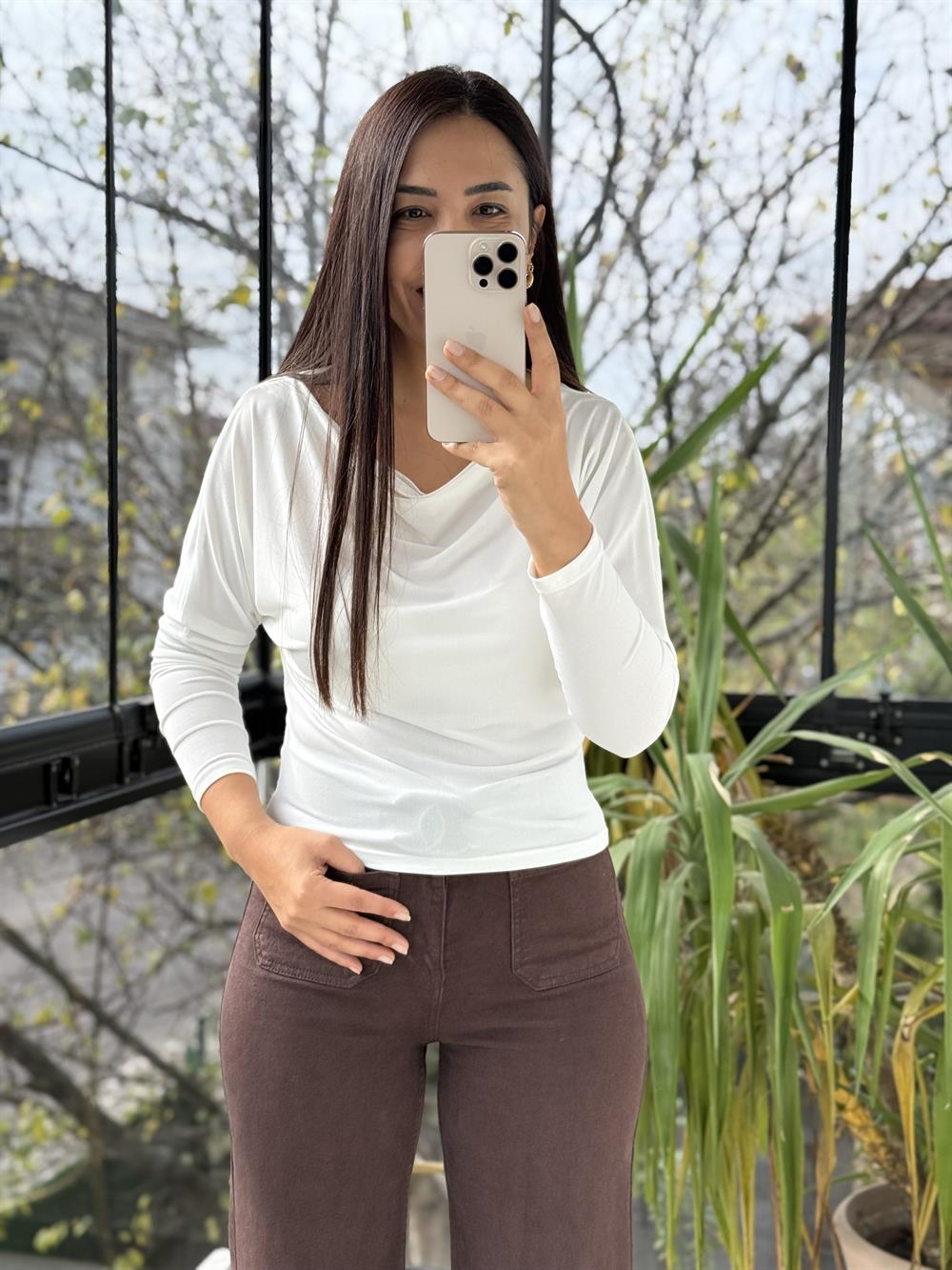 Sandy Kayık Yaka Bluz Beyaz