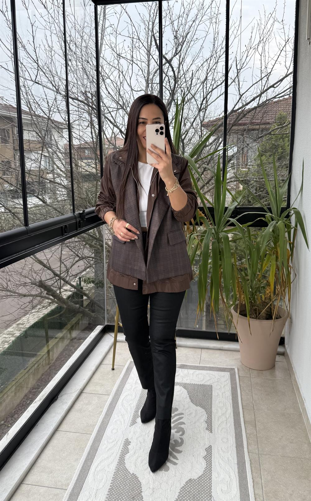 Ekose Garnili Ceket Kahve