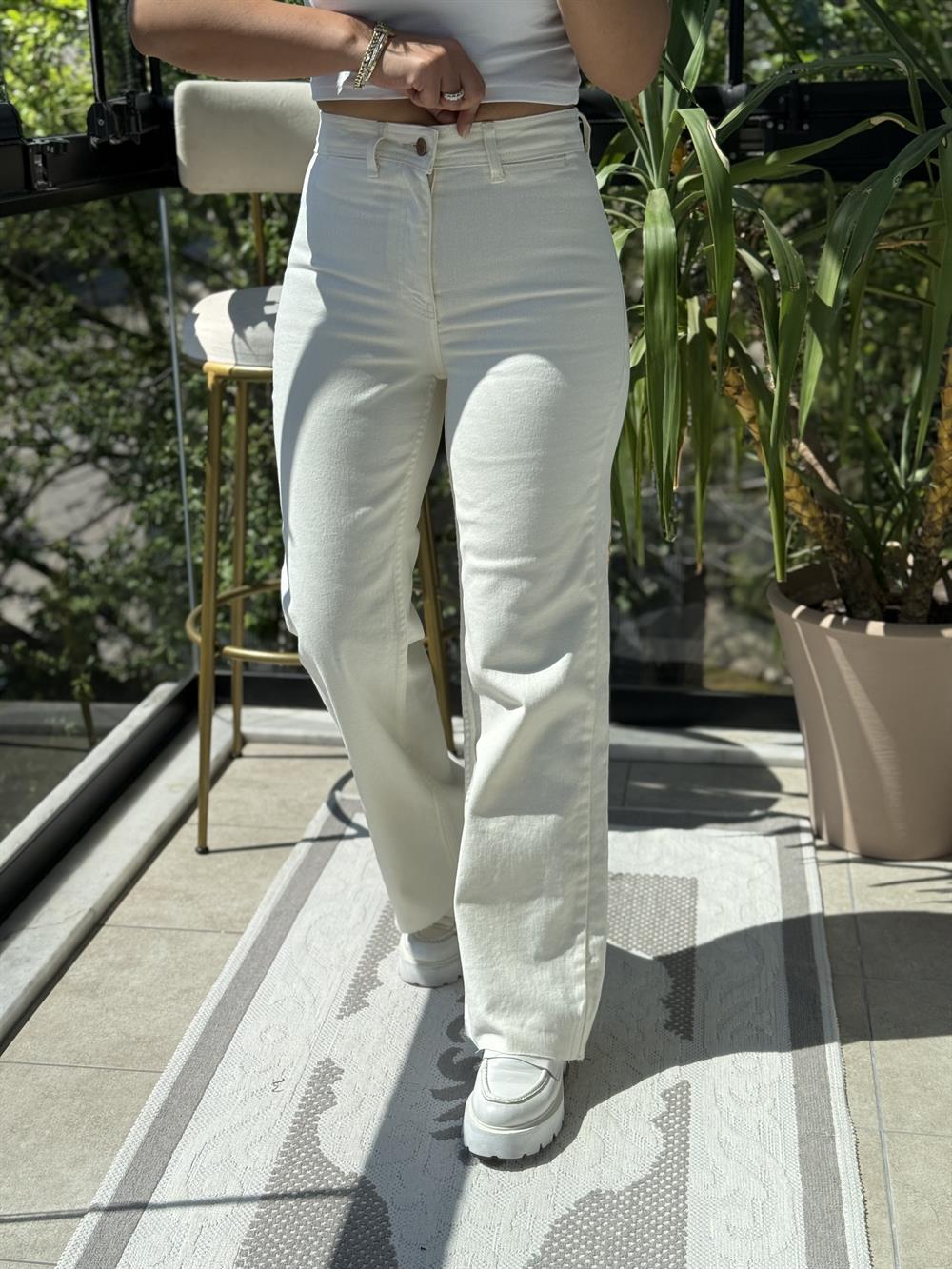 Dekoratif Cep Detaylı Palazzo Kot Pantolon Krem