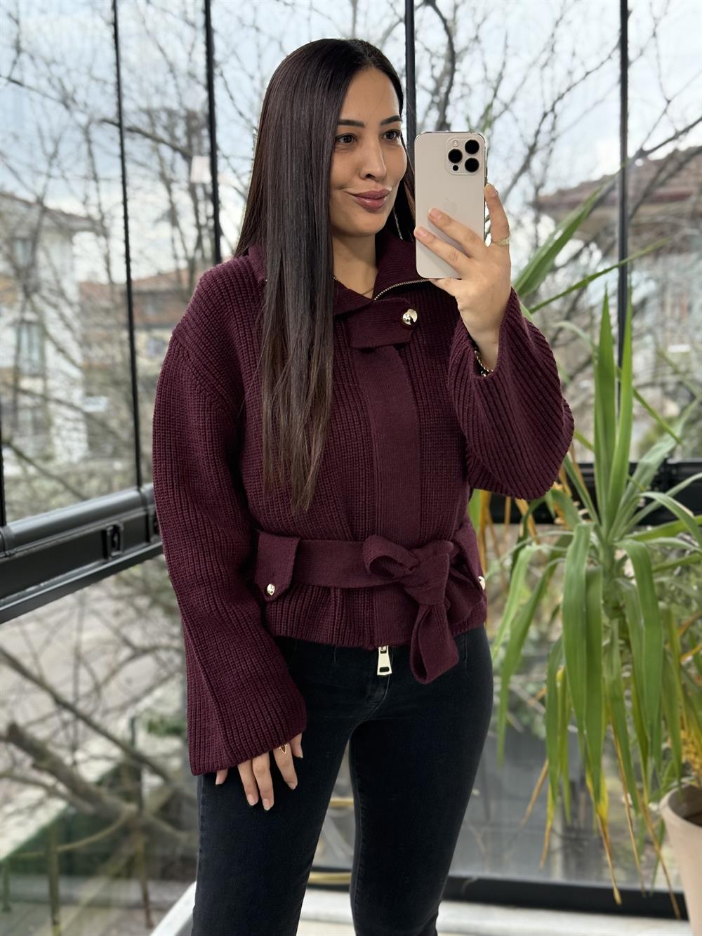 Dilvin Fermuarlı Kemerli Düğmeli Yünlü Triko Hırka Bordo