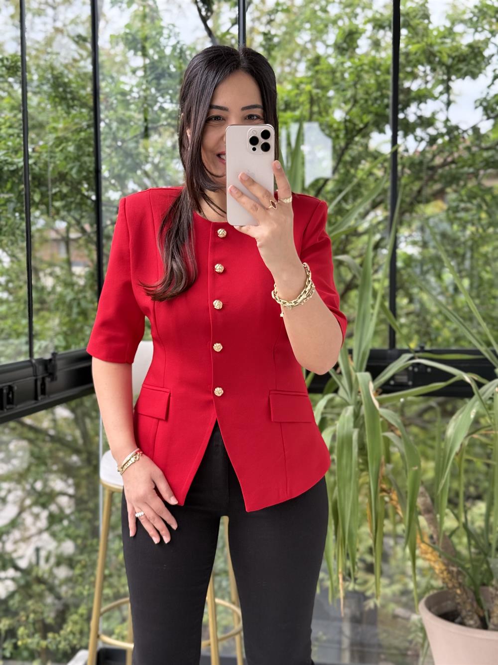 Slimfit Mini Gold Düğme Kısa Kol Blazer Kırmızı