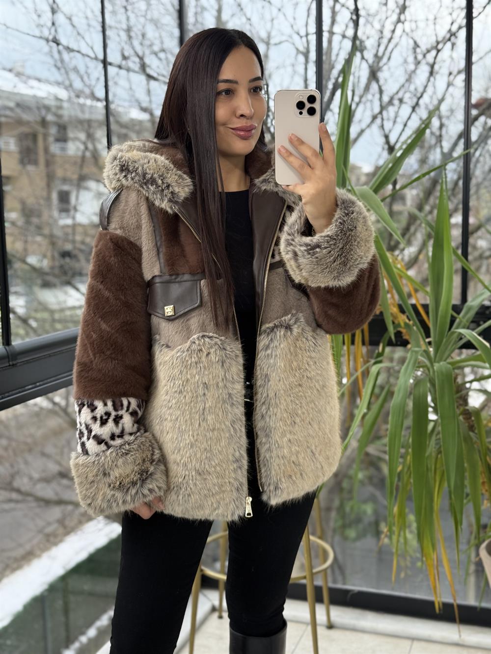 İthal Parçalı Tasarım Kürk Mont Kahve