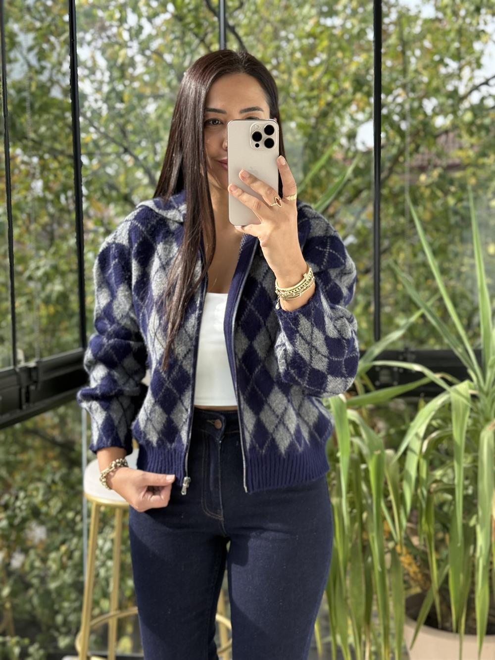 Yakalı Fermuarlı Baklava Hırka Lacivert