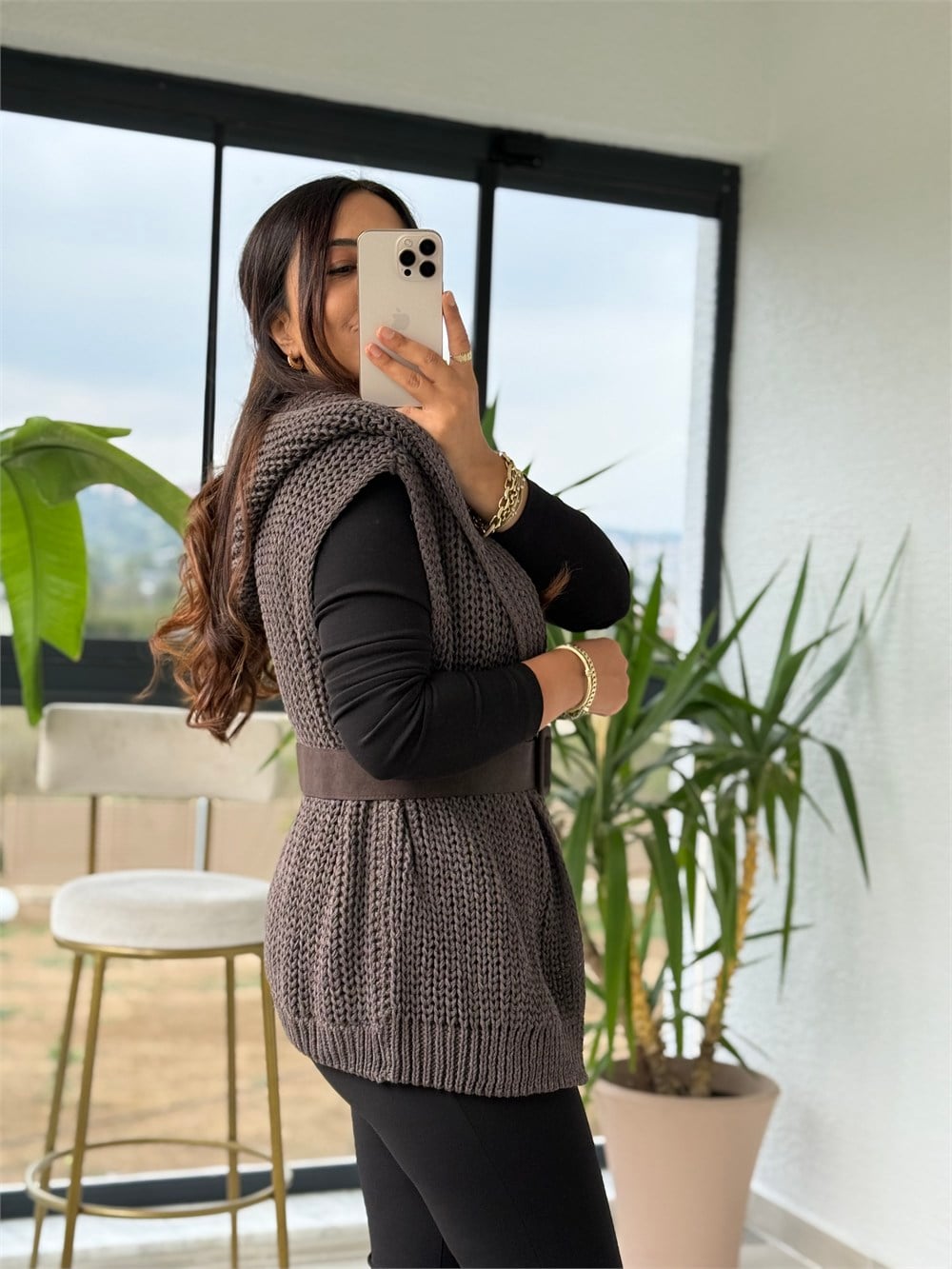 Süet Kemerli Örgü Hırka Kahve