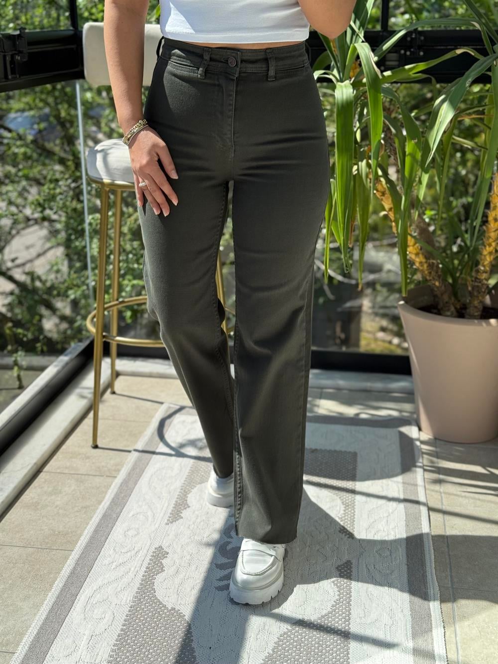 Dekoratif Cep Detaylı Palazzo Kot Pantolon Yeşil