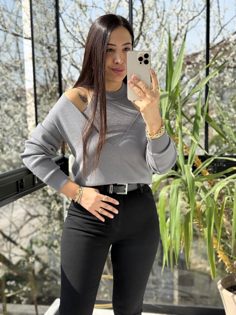 V Detay Atletli Triko Antrasit