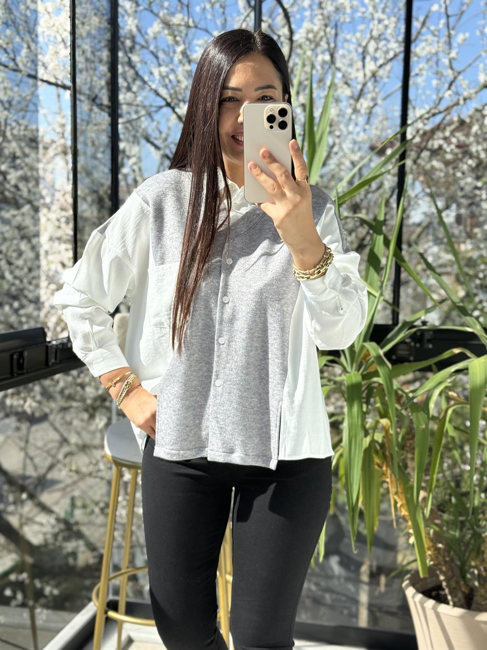 Örme Mix Tensel Gömlek Beyaz