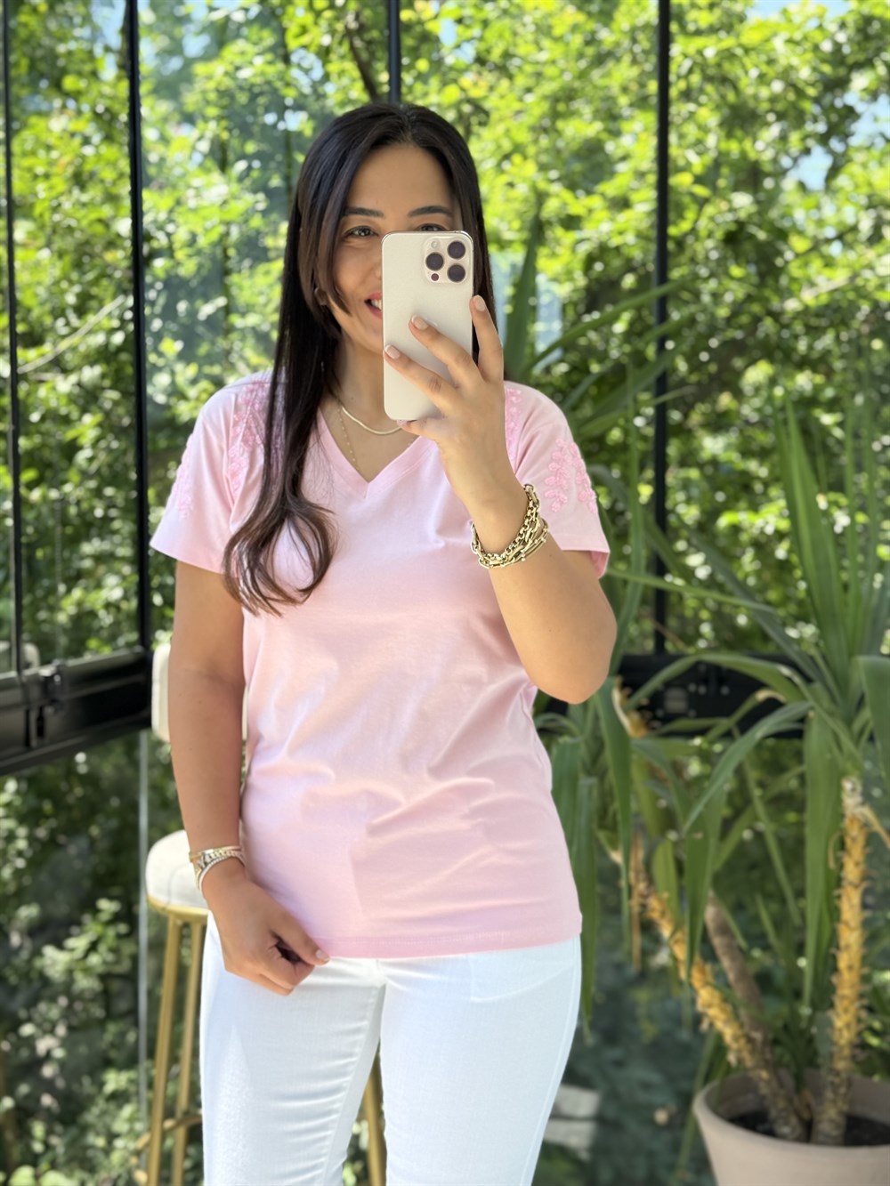 Flora Boncuk Detaylı Tişört Pembe