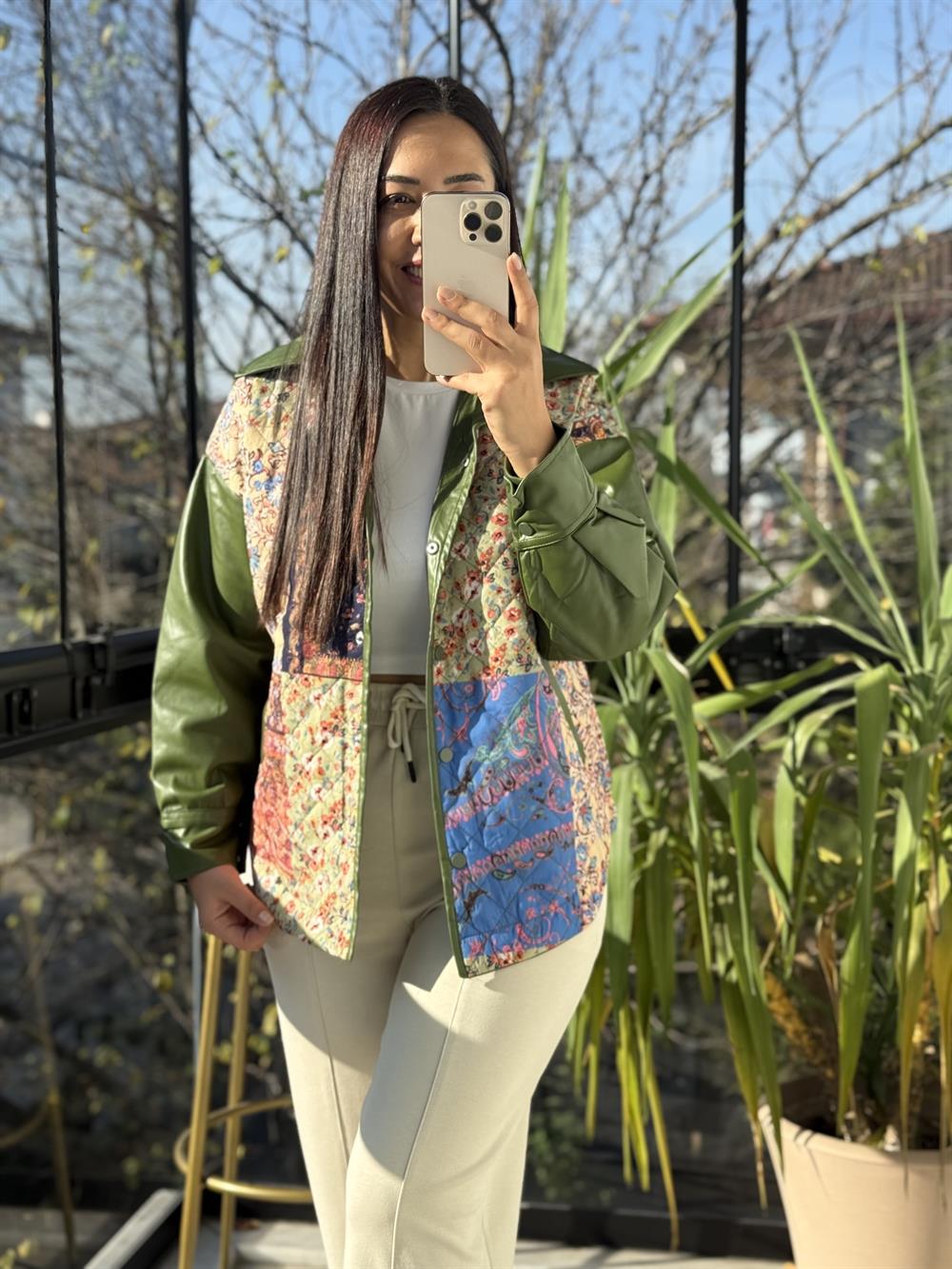 Deri Garnili Kapitone Ceket Yeşil