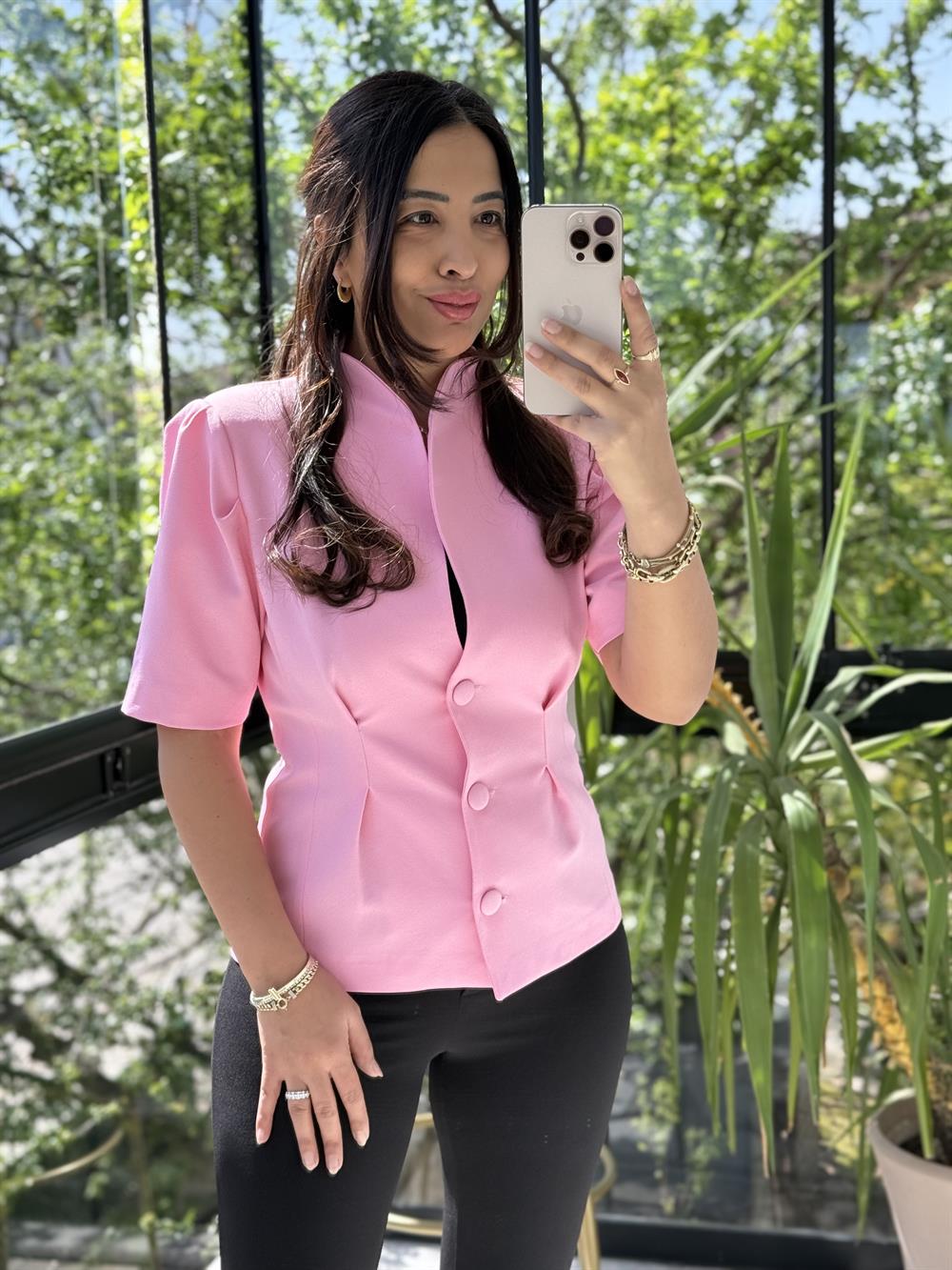 Pileli 3 Düğme Kısa Kol Ceket Pembe