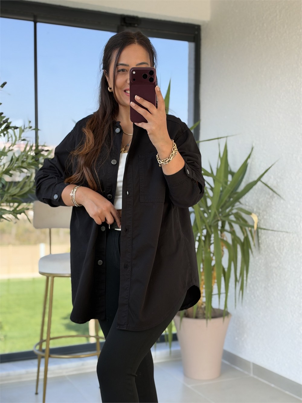 Düğmeli Oversize Gömlek Siyah