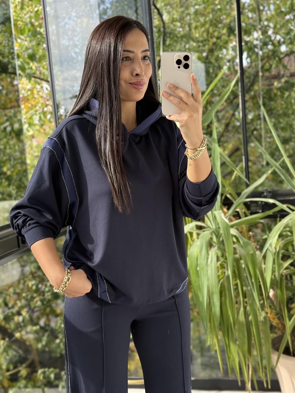 Taşlı Şeritli Takım Lacivert