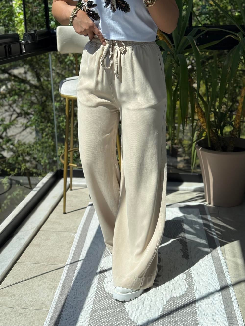 Lastikli Palazzo Pantolon Bej