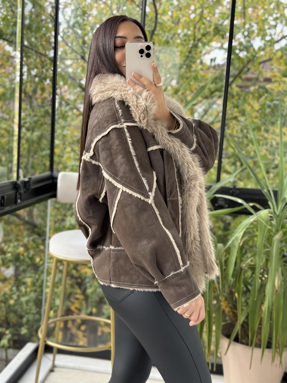 Kürk Detaylı Nubuk Mont Koyu Kahve