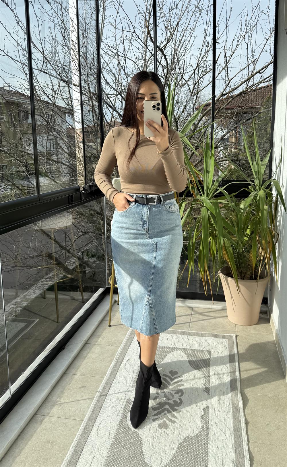 Dilvin Kayık Yaka Uzun Kollu Top Bluz Vizon