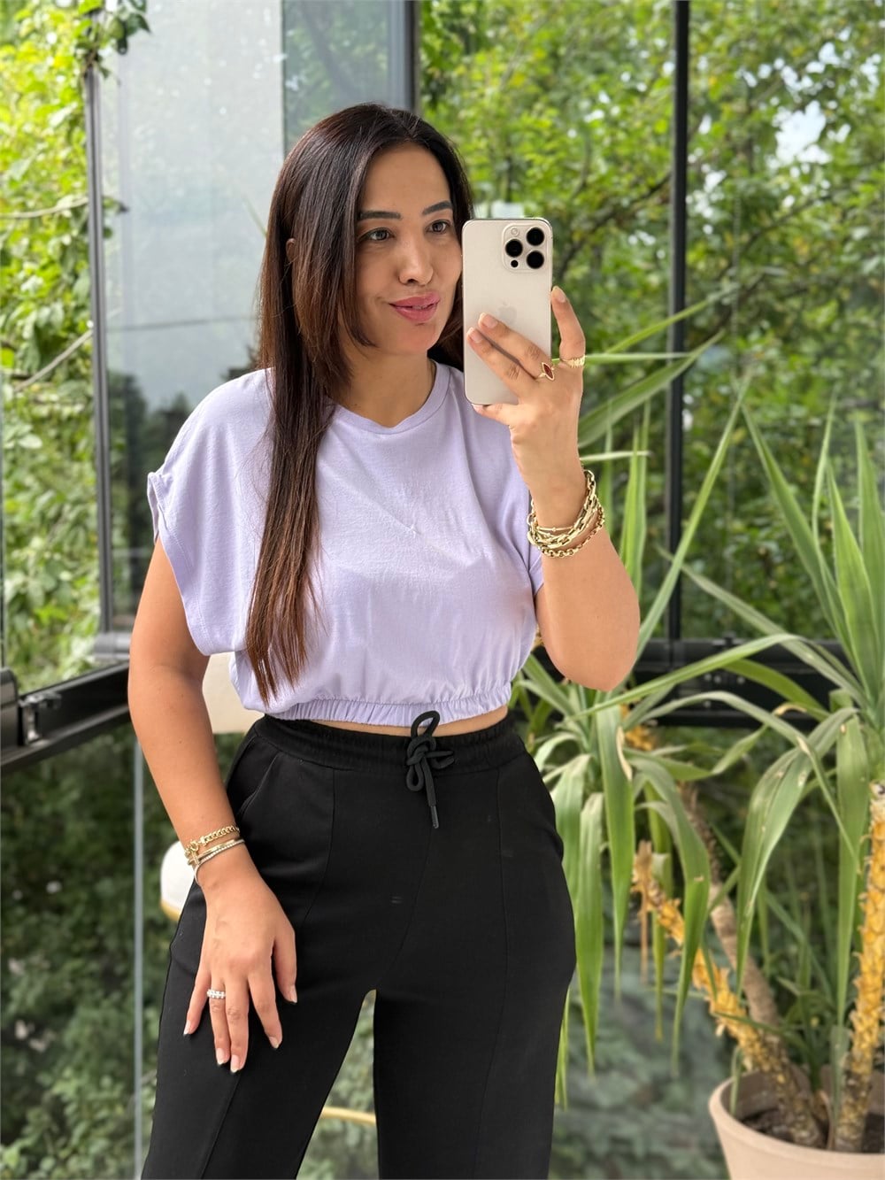 Beli Lastikli Crop Tişört Lila