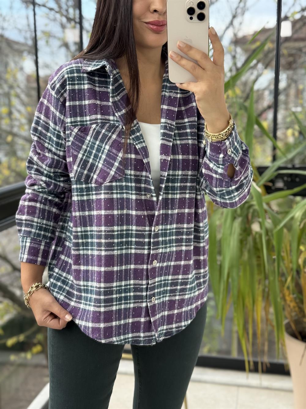 Taşlı Ekose Gömlek Mürdüm