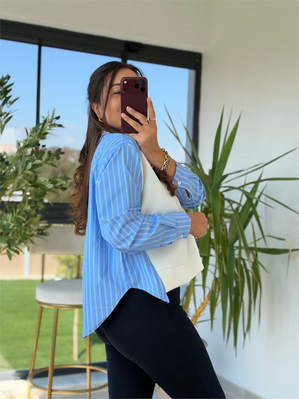Kolu Ve Arkası Çizgili Poplin Modal Sweatshirt Beyaz