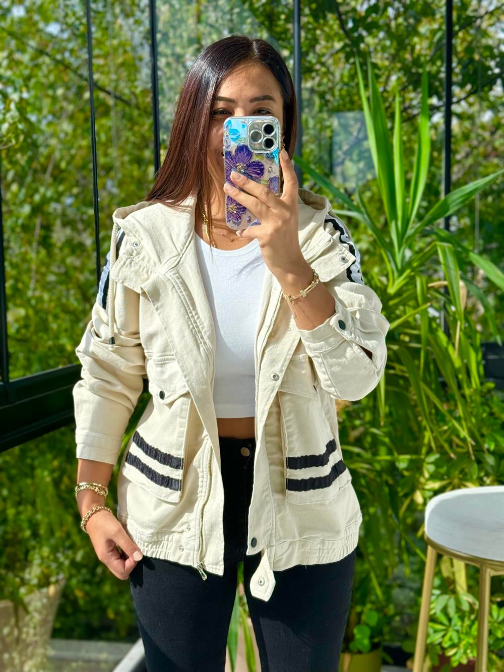 Şeritli Gabardin Ceket Taş