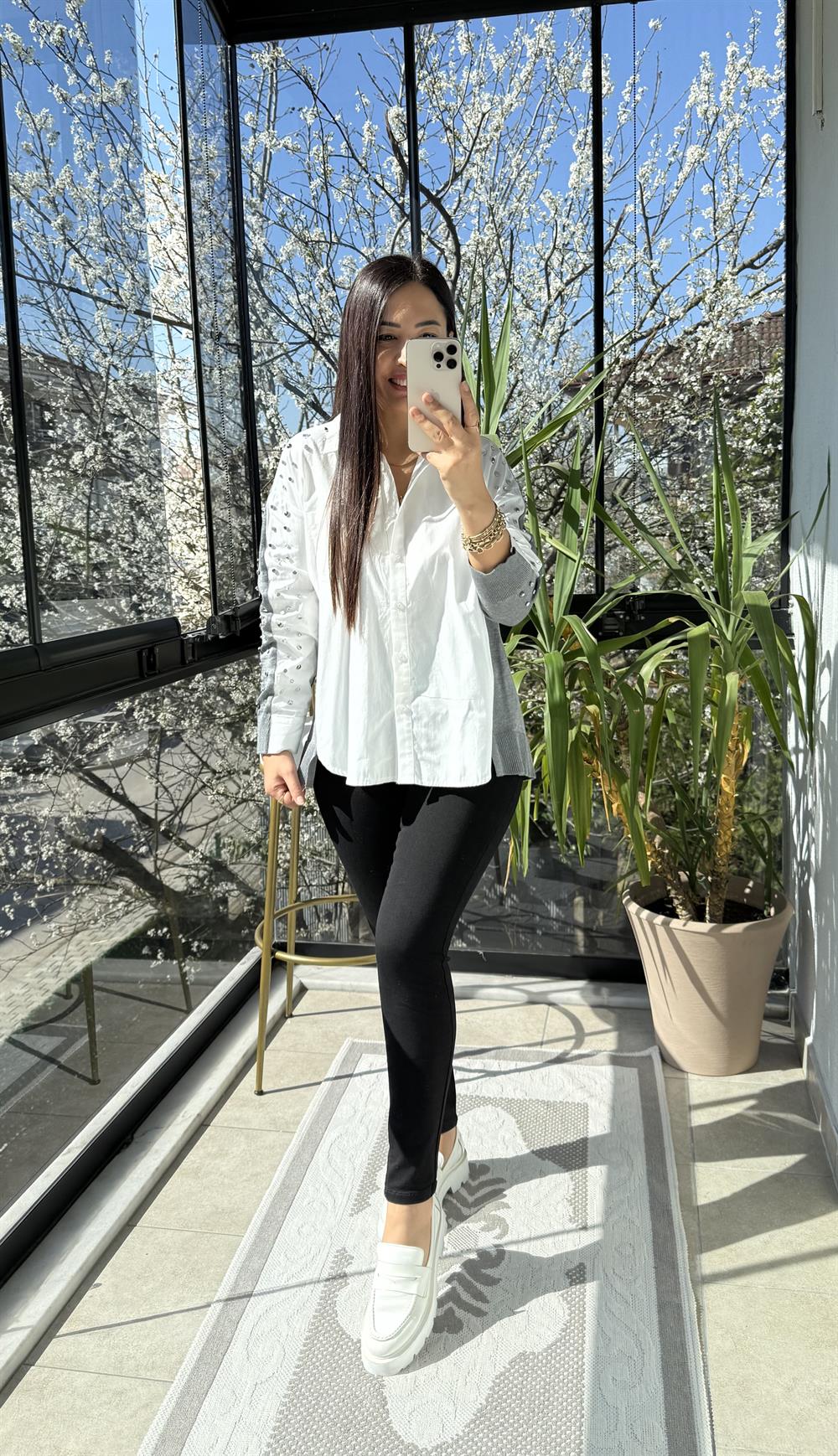 Triko Poplin Mix Çakımlı Gömlek Beyaz