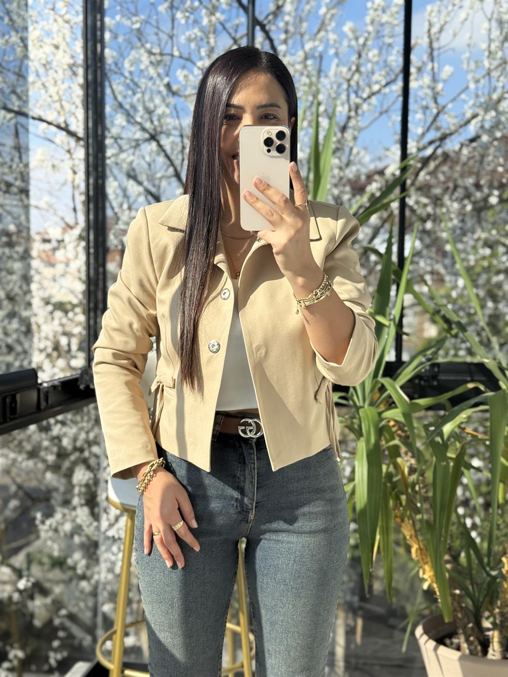 Uzun Kol Fiyonklu Blazer Ceket Bej