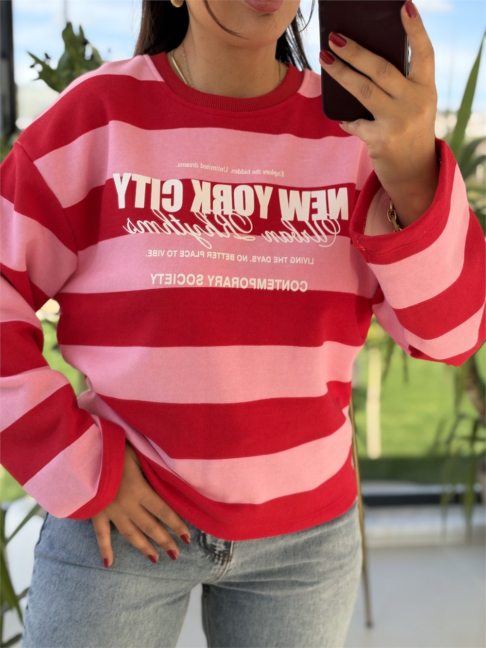 Kalın Çizgili New York Ctiy Sweatshirt Kırmızı
