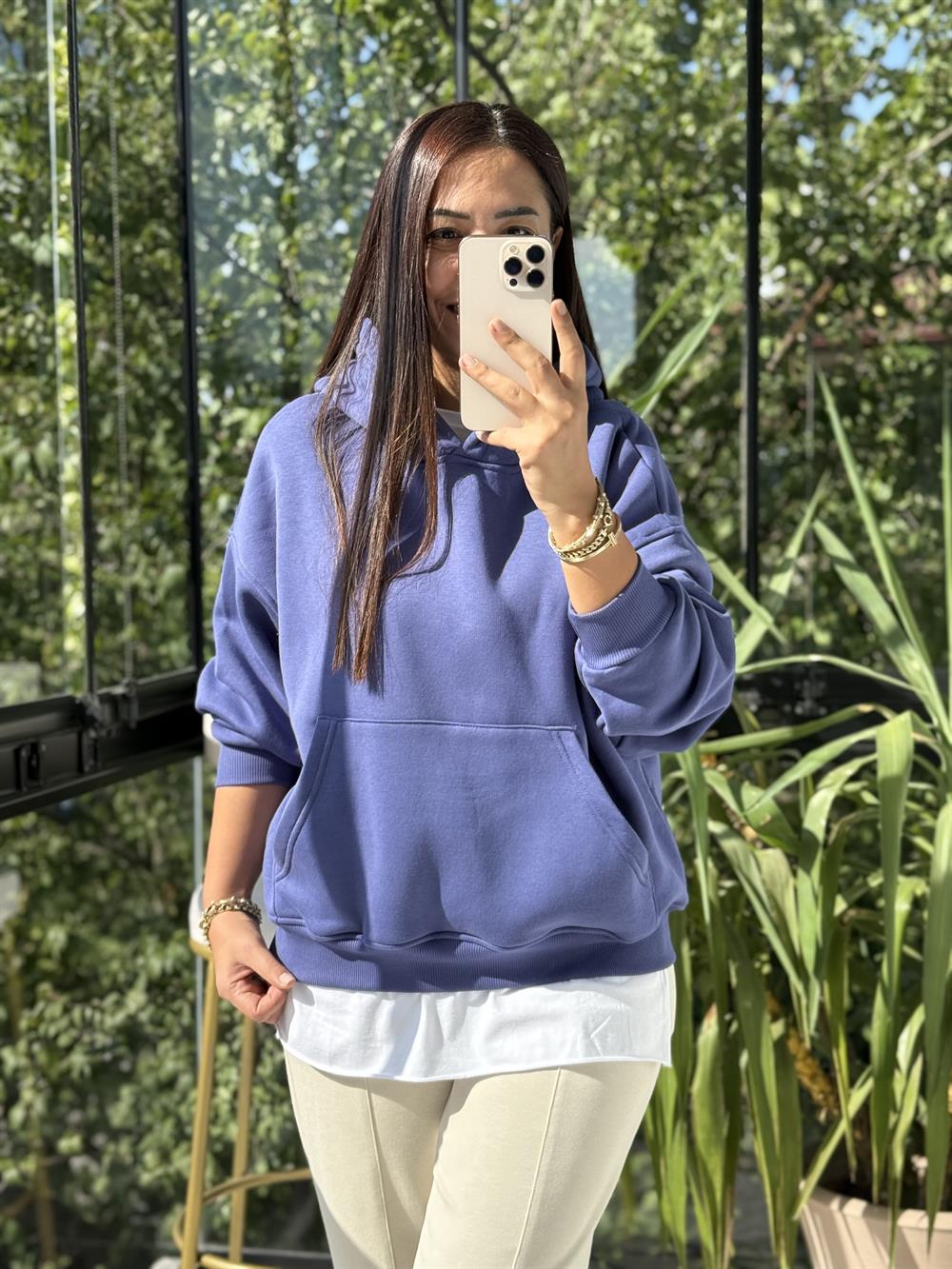 Kanguru Cep Kapşonlu Sweatshirt Mavi