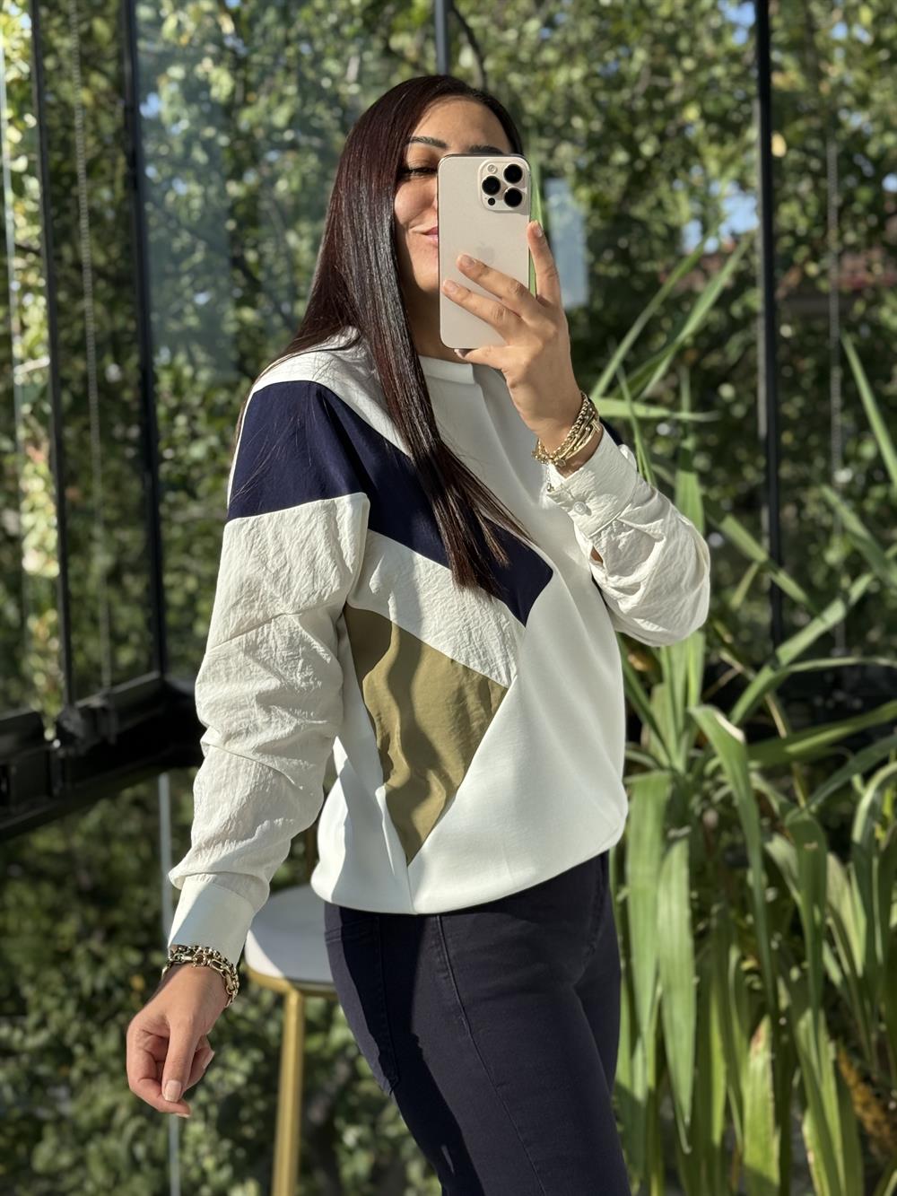 Gömlek Kol Mix Sweatshirt Beyaz