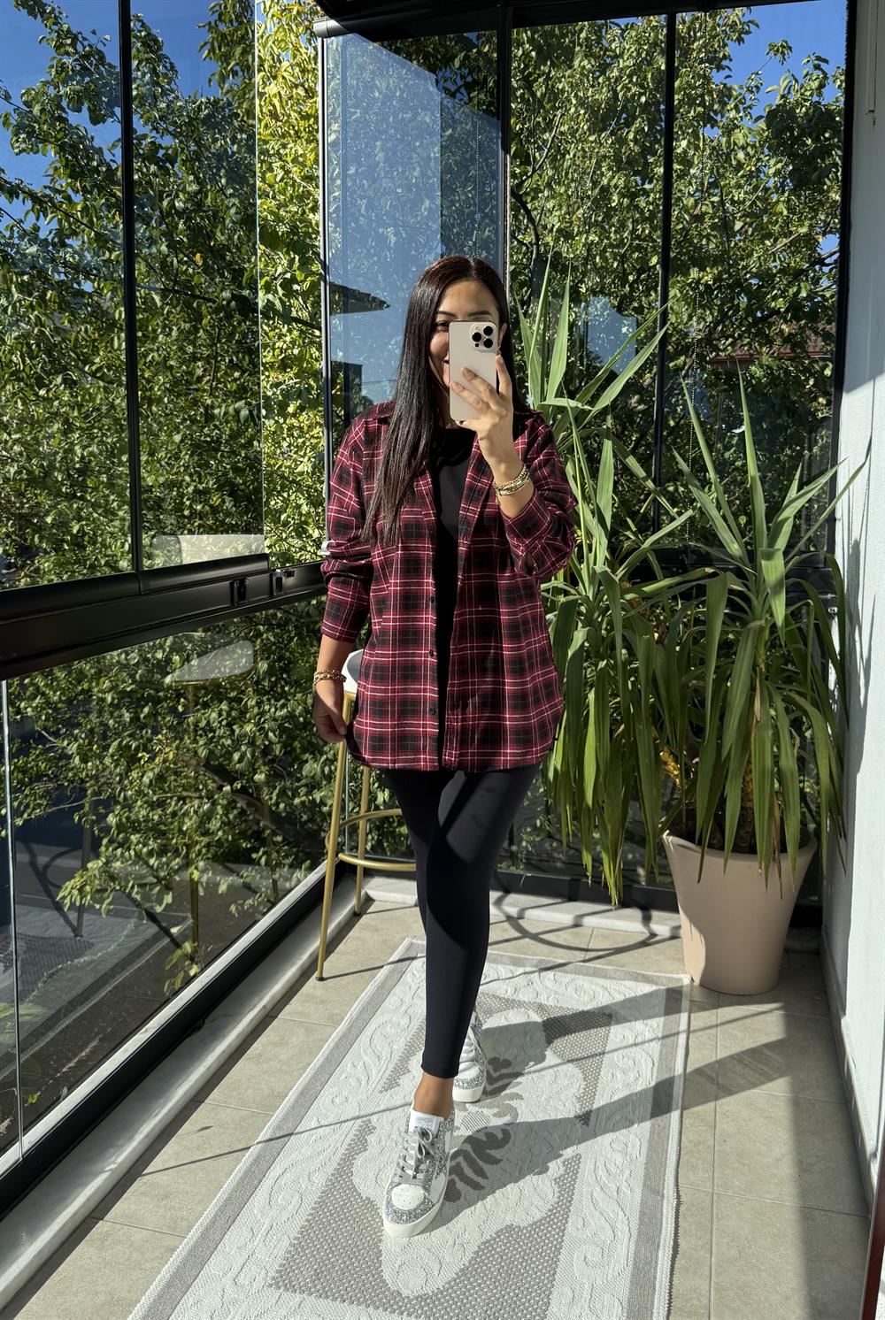 Ekoseli Oversize Gömlek Bordo