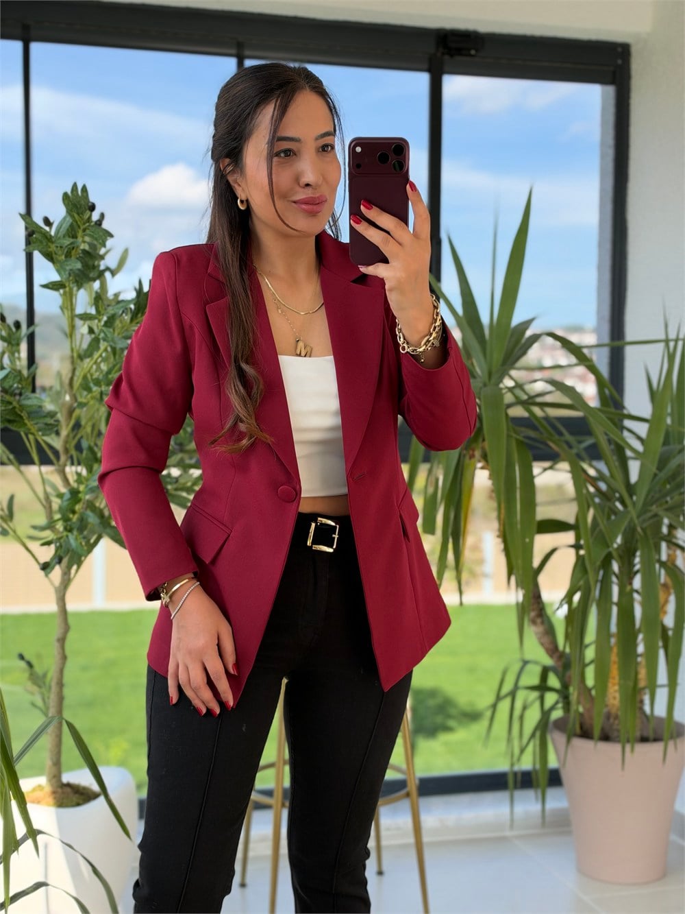 Tek Düğme Blazer Ceket Bordo