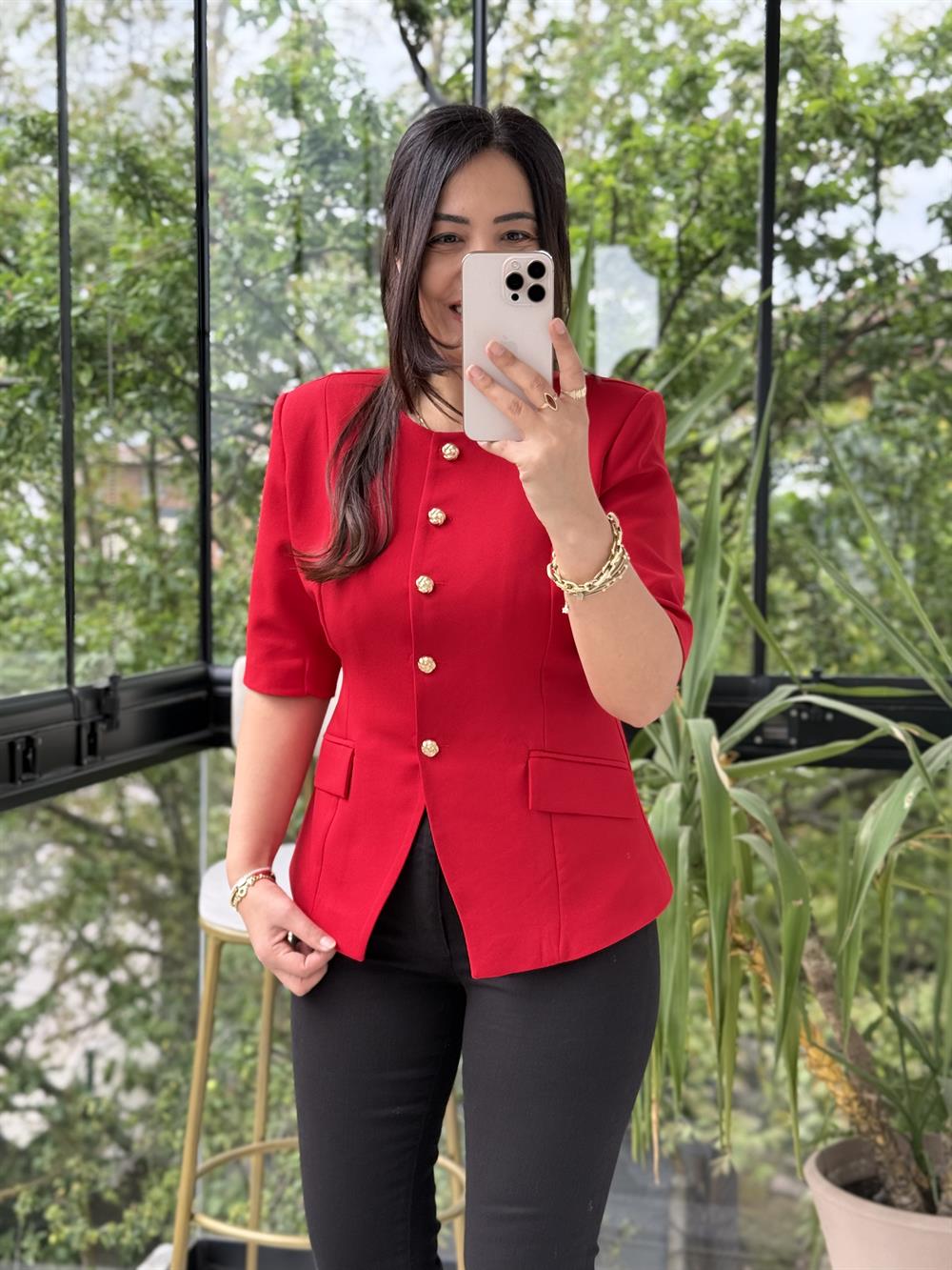 Slimfit Mini Gold Düğme Kısa Kol Blazer Kırmızı