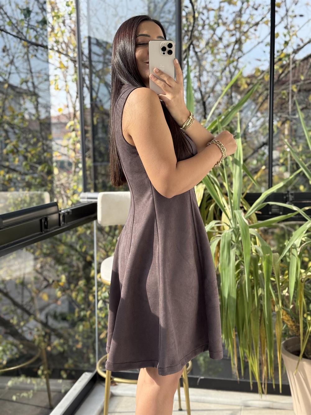 Volanlı Süet Elbise Kahve