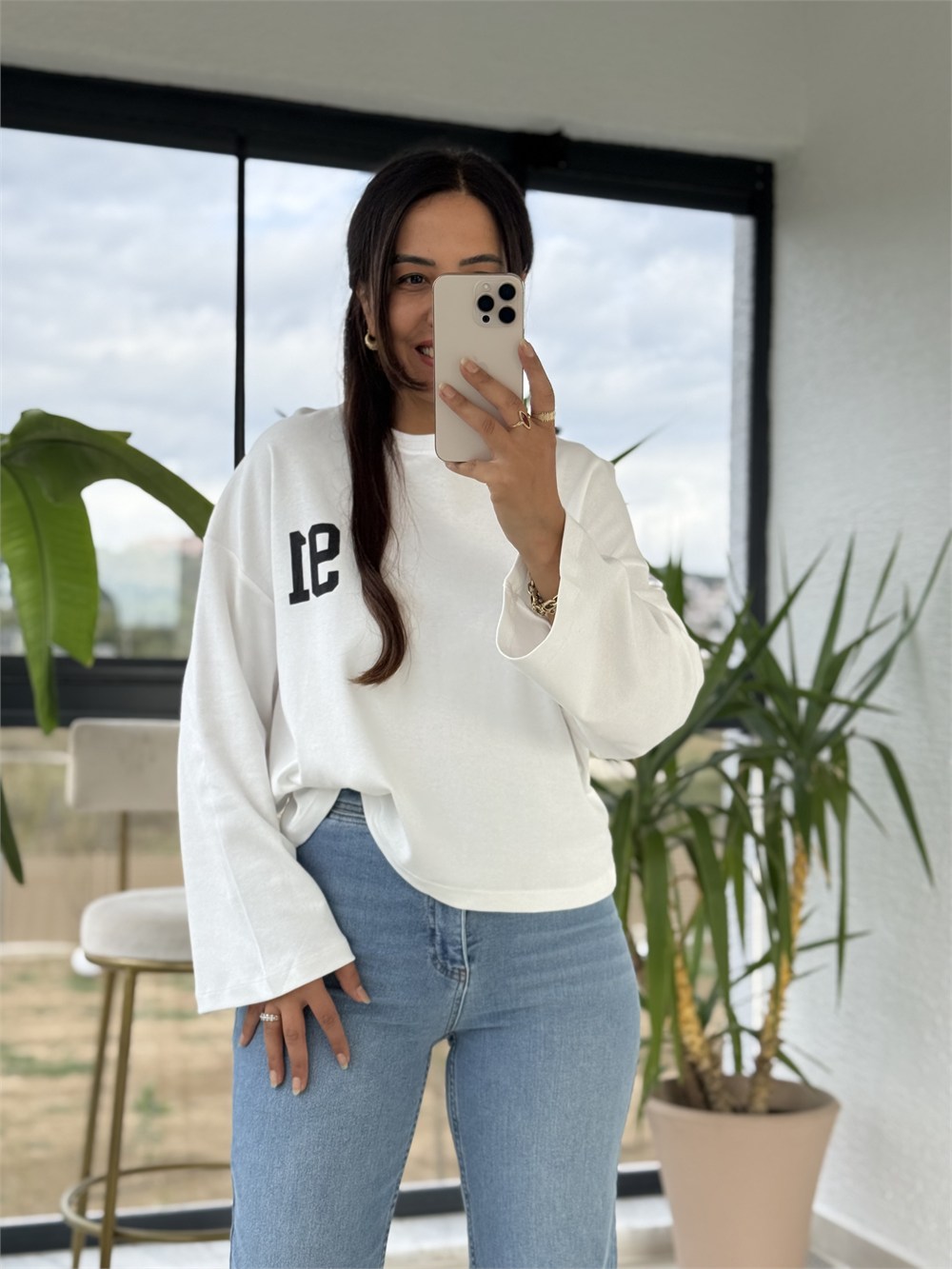 91 Baskılı Basic Sweatshirt Beyaz