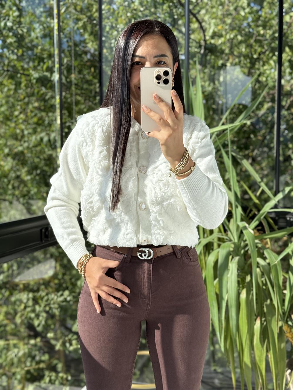 İthal Dokuma Kumaş Tül Detaylı Hırka Ekru