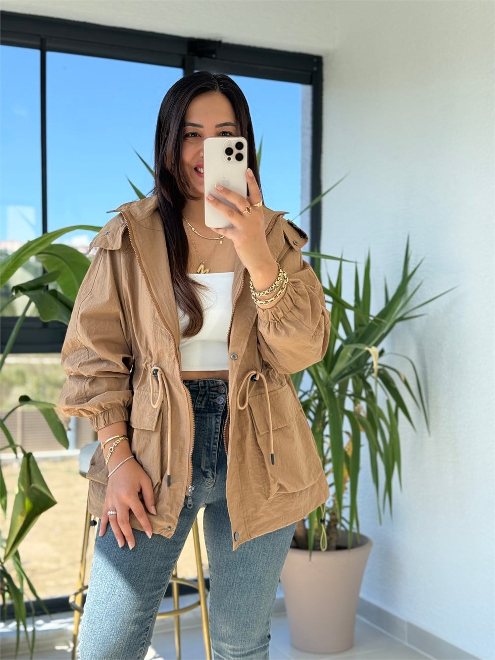Beli Büzgülü Kapüşonlu Yağmurluk Camel