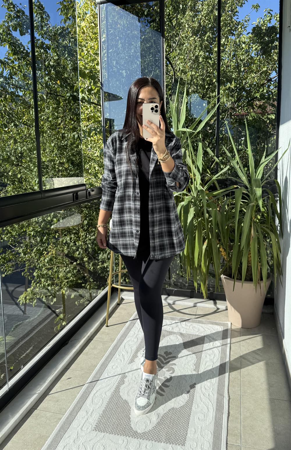 Ekoseli Oversize Gömlek Antrasit