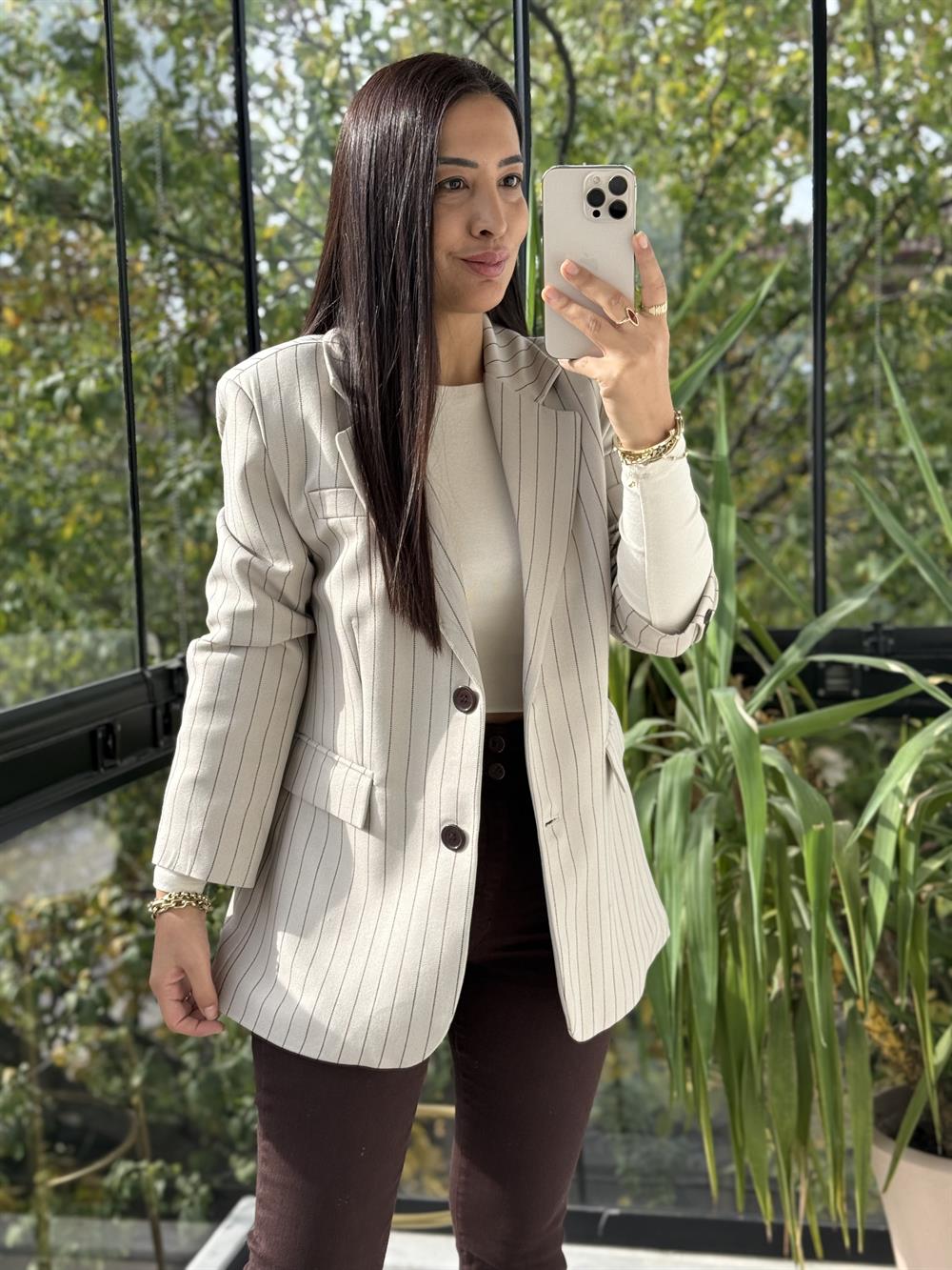 İki Düğmeli Çizgili Yün Blazer Ceket Bej