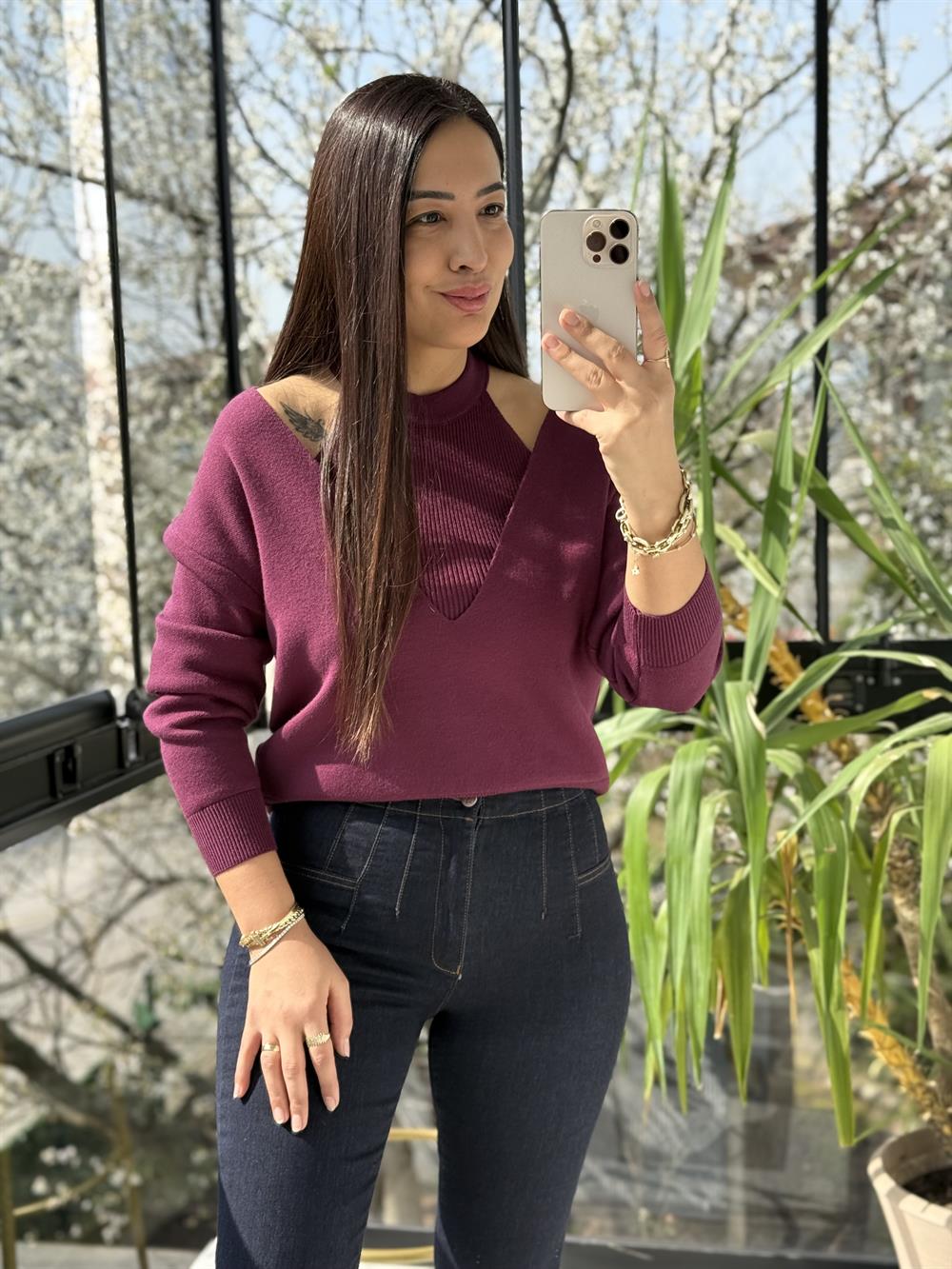 V Detay Atletli Triko Mürdüm