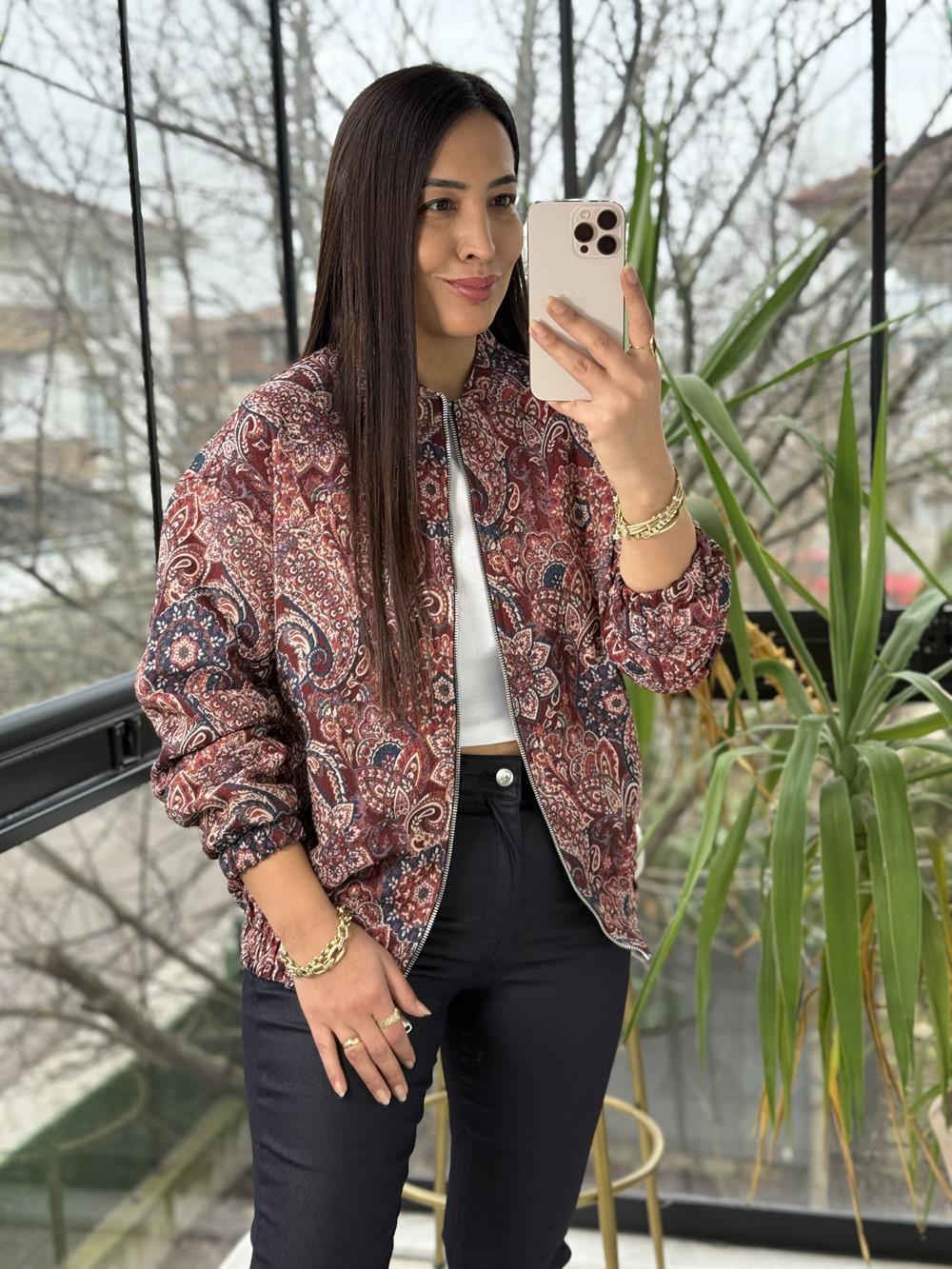 Venüs Desenli Bomber Ceket Bordo