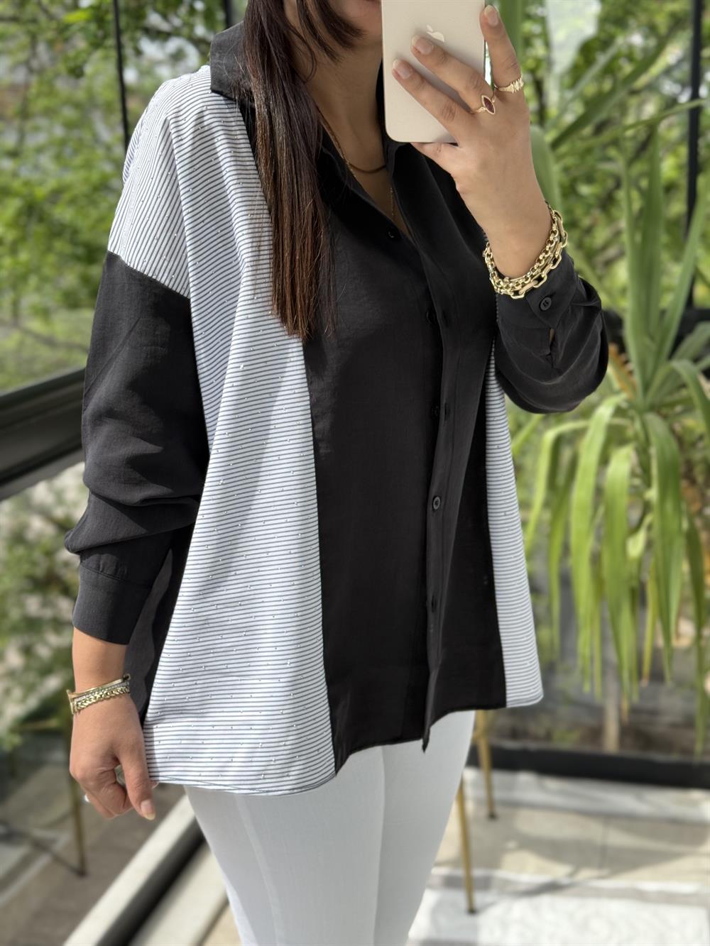 Mix Kumaş Taşlı Gömlek Siyah