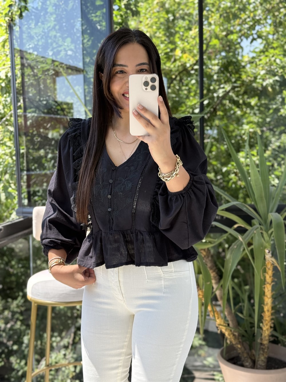 Keten Fırfırlı Bluz Siyah