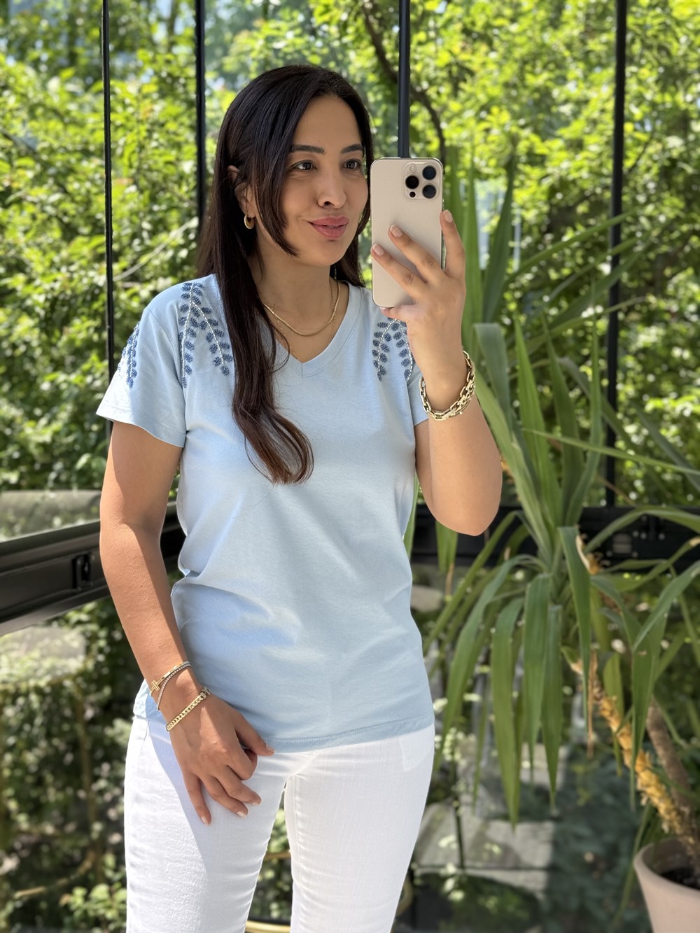 Flora Boncuk Detaylı Tişört Bebe Mavi