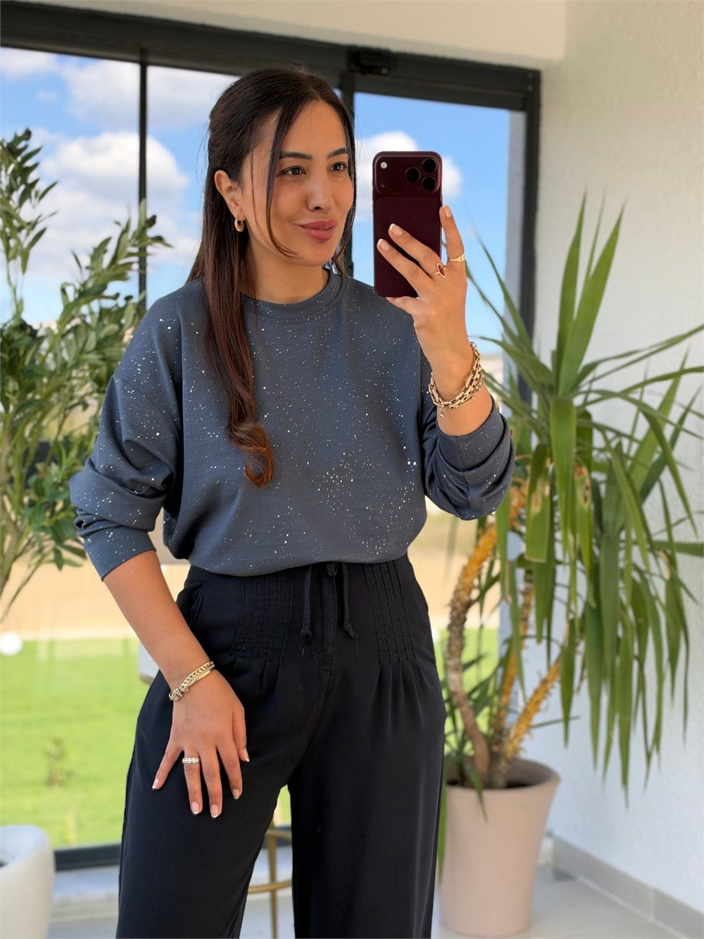 Simli Oysh Sweatshirt İndigo Mavi