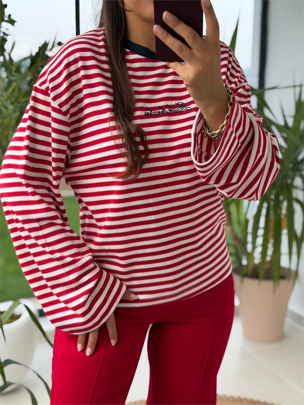 Biyeli Çizgili Sweatshirt Kırmızı