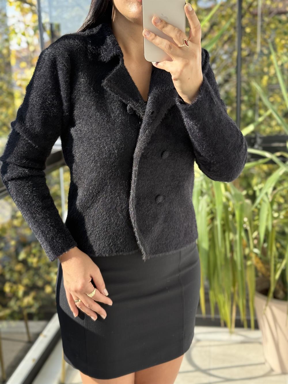 Çift Düğmeli Angora Hırka Siyah