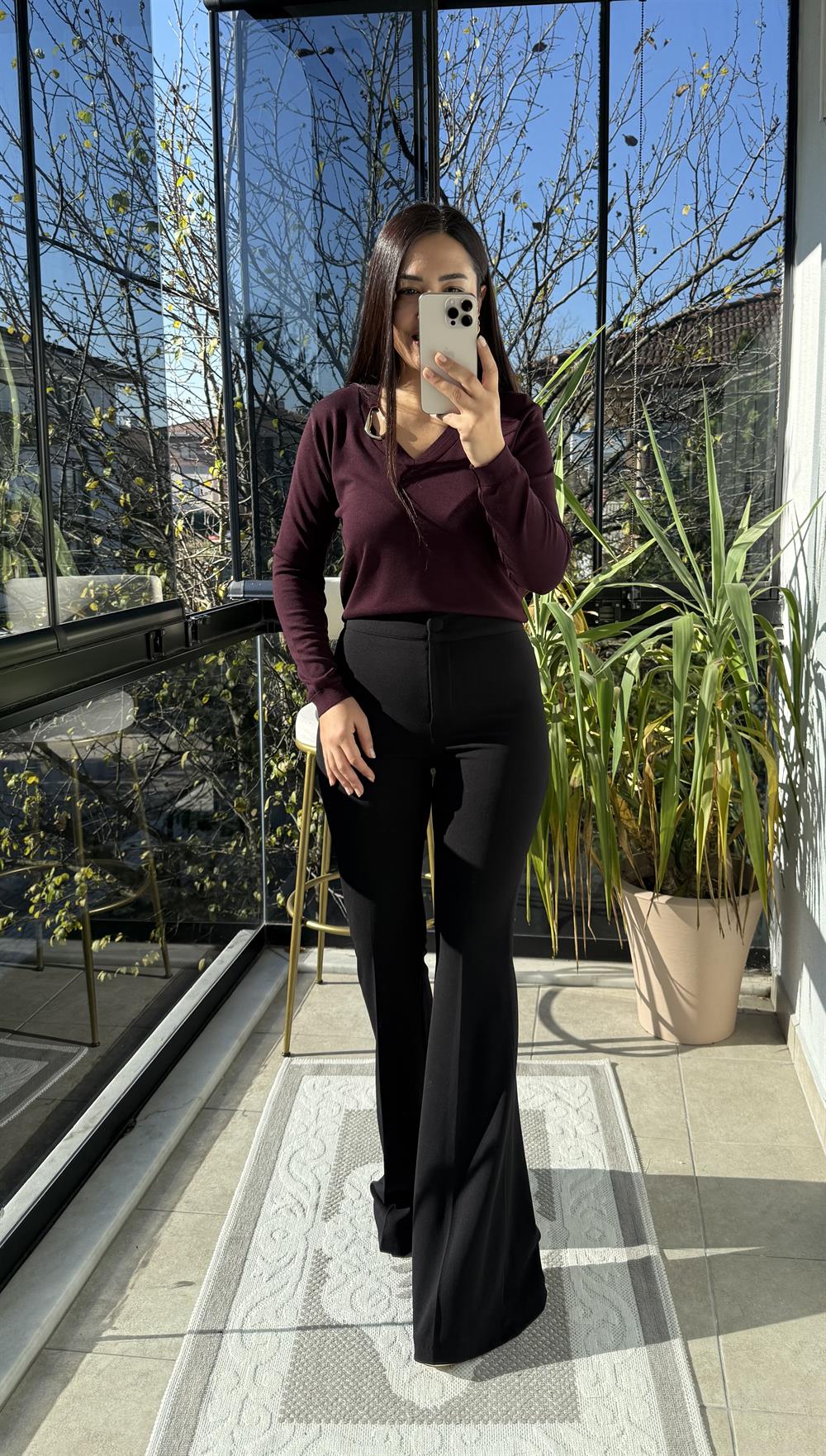 Aksesuar Yaka Detaylı Merserize Triko Mürdüm